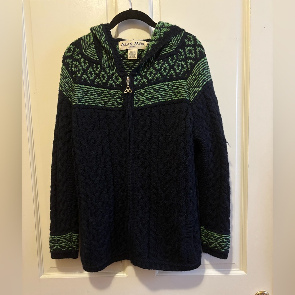 Aran Mor Ireland Women’s Wool Navy Blue and Green Hooded Cardigan
